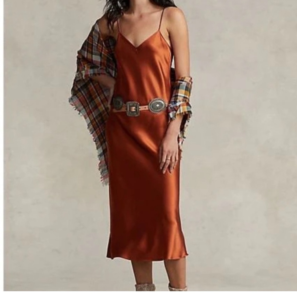 Ralph Lauren 100% Silk Burnt Orange Elegant Slip Midi Dress